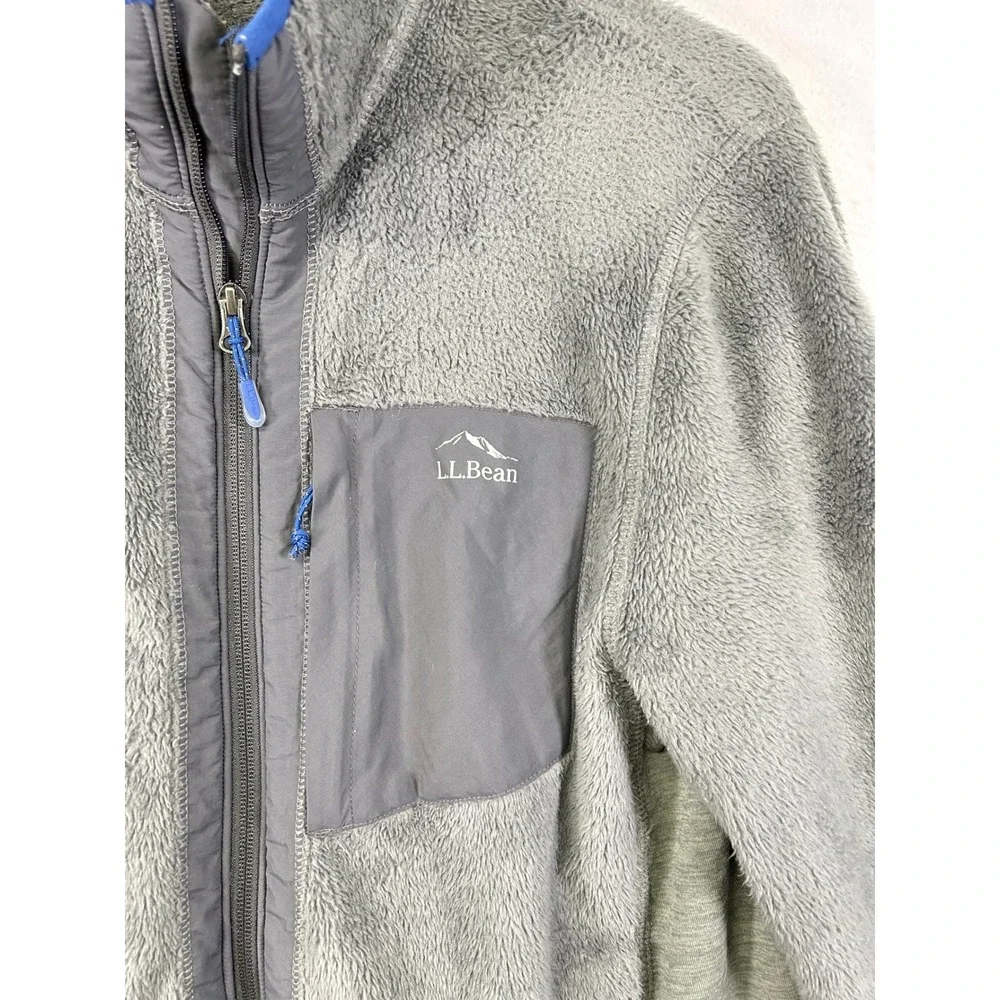 LLBean Mens Fleece Jacket Full Zip Gray Blue Trim‎ Pockets Size Medium